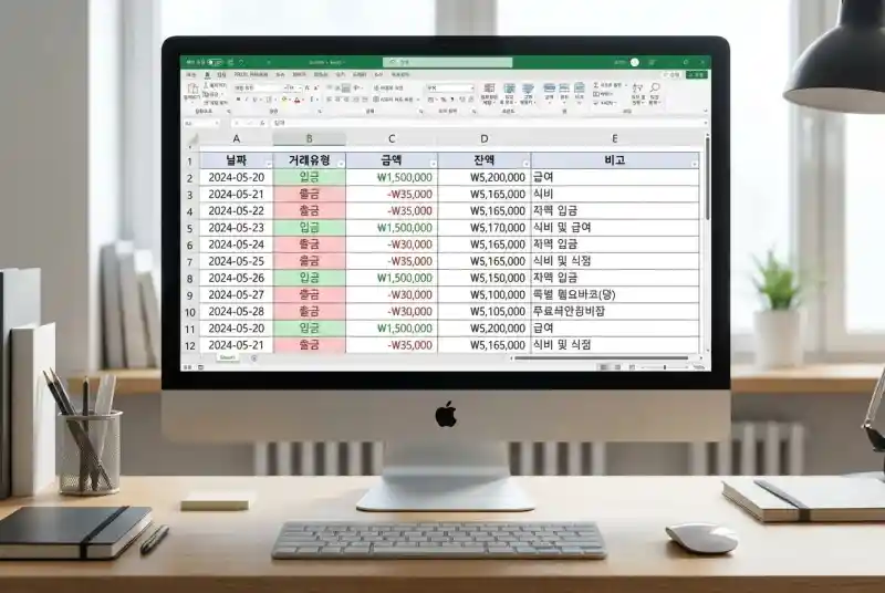 통장 거래내역을 엑셀로 정리하는 화면
