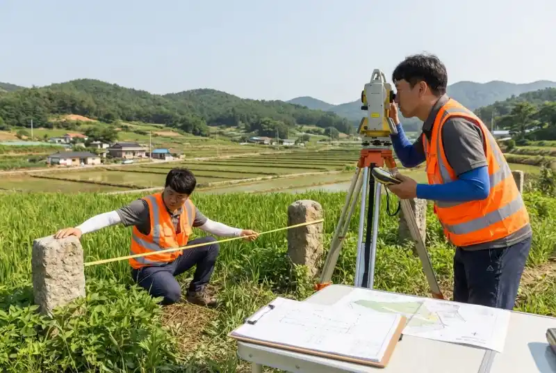 토지 경계를 확인하는 측량 작업 현장