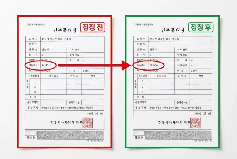 건축물대장 면적 표기 비교 예시