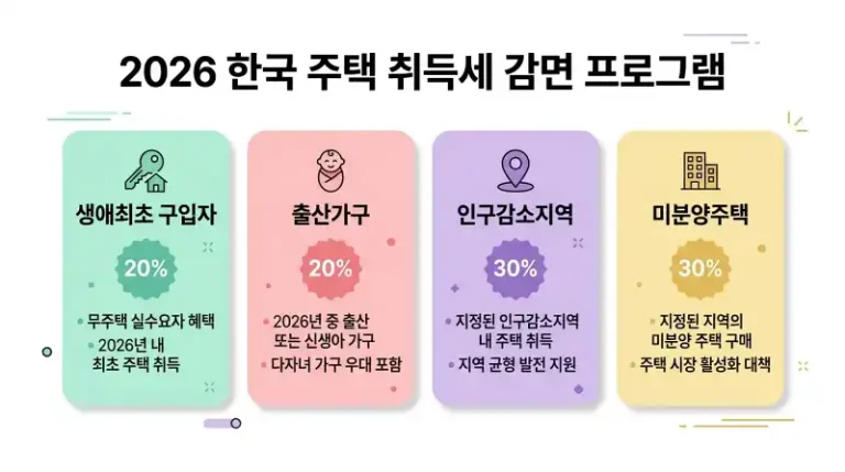 2026년 주택 취득세 감면 4가지 유형 비교 카드
