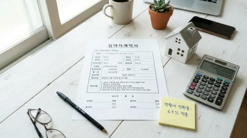 '임대차 계약서' + '전월세 전환율' 포함 책상 위 부동산 계약 장면