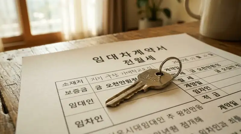 '임대차계약서', '전월세' 한글이 보이는 계약서 위의 집 열쇠 클로즈업 사진