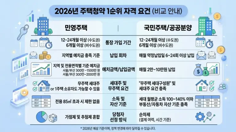 2026년 주택청약 1순위 자격 요건 비교 인포그래픽