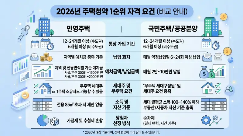 2026년 주택청약 1순위 자격 요건 비교 인포그래픽
