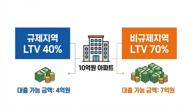 LTV 규제·비규제 지역 비교 인포그래픽