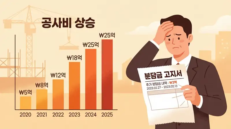 공사비 상승 차트와 분담금 고지서를 든 투자자 일러스트