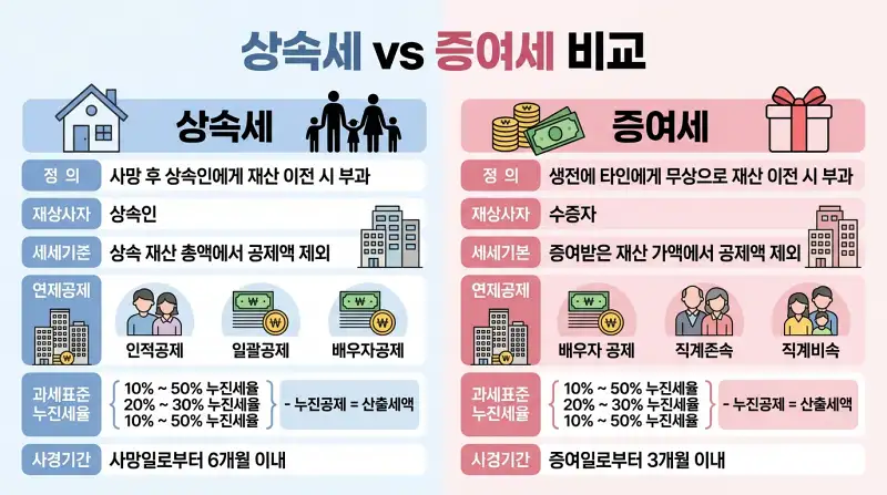 상속세 vs 증여세 비교 인포그래픽