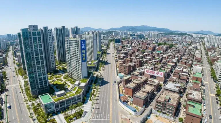 신축 아파트와 재개발 구역을 비교한 항공 사진