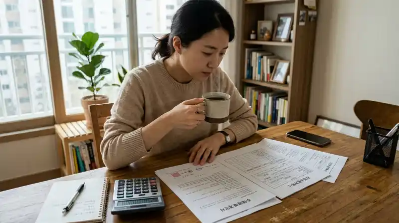 아파트 분양 계약서와 계산기, 커피잔이 놓인 테이블