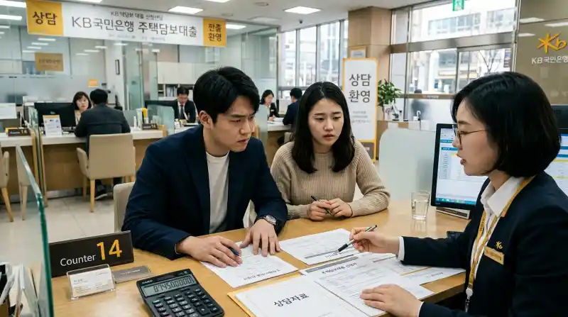 은행 상담 데스크에서 주택담보대출 상담받는 젊은 부부