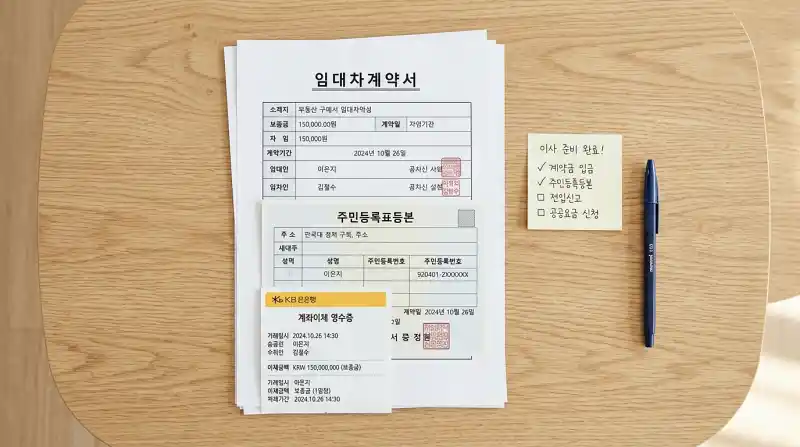 임대차계약서, 주민등록등본, 계좌이체 영수증 등 필요 서류 배치