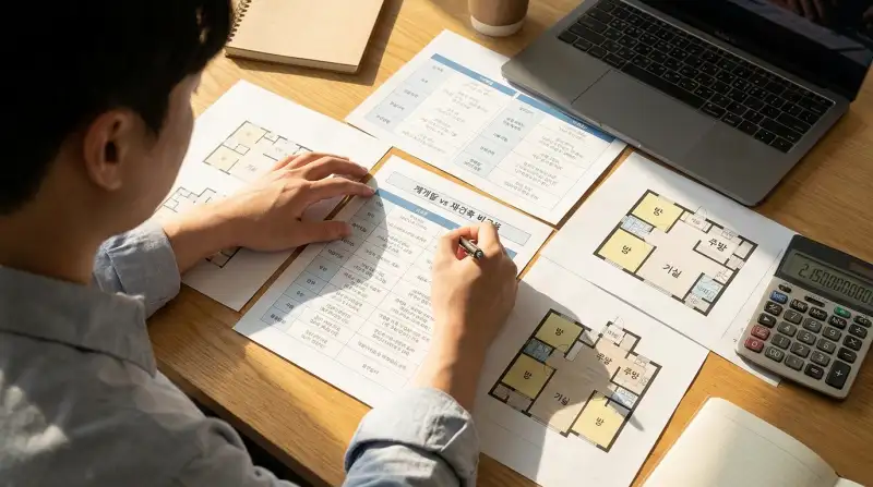 재개발 vs 재건축 비교표를 분석하는 부동산 투자자의 책상 위 장면