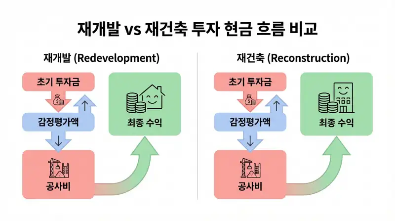 재개발 vs 재건축 투자 현금 흐름 비교 인포그래픽