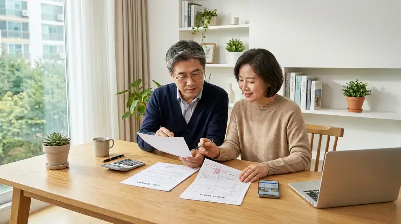 중년 부부의 부동산 서류 검토 장면