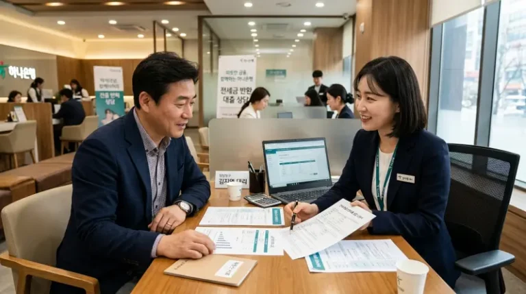 집주인이 은행 창구에서 전세퇴거자금대출 상담을 받는 모습