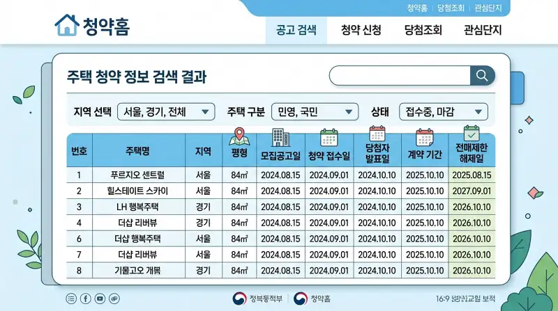 청약홈 전매제한 조회 화면
