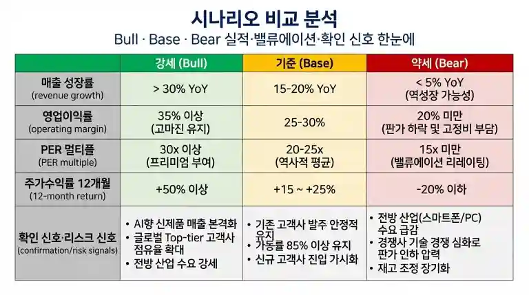 Bull·Base·Bear의 실적·밸류에이션·확인 신호 비교표