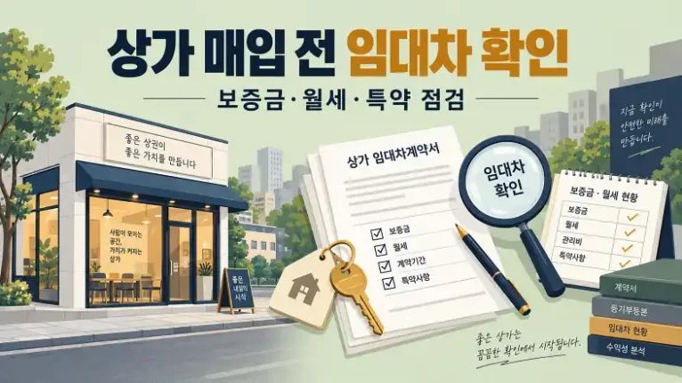 상가 매입 전 임대차계약서의 보증금 월세 계약기간 특약을 확인하는 모습