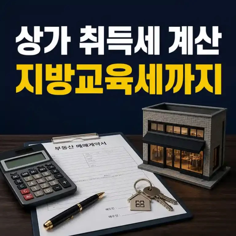 상가 취득세를 계산하기 위해 매매계약서와 계산기를 확인하는 매수인