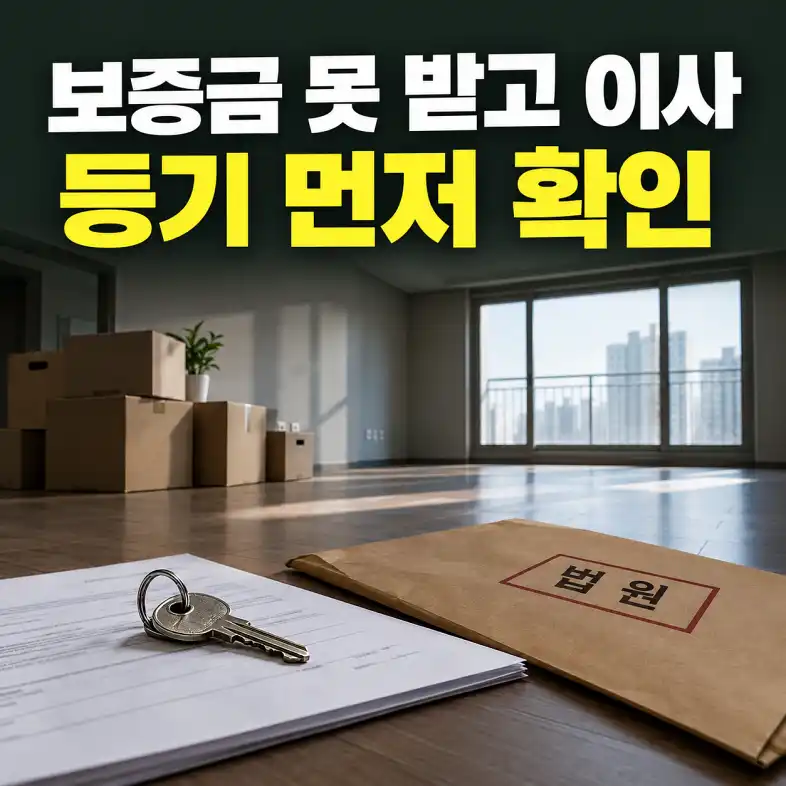 임차권등기명령을 신청한 임차인이 보증금을 받지 못한 채 이사 준비를 하며 법원 결정문과 열쇠를 확인하는 장면