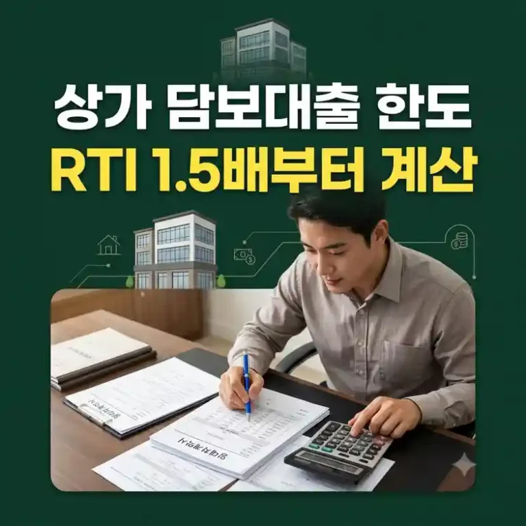 상가 담보대출 한도를 확인하기 위해 임대차계약서와 계산기로 RTI를 계산하는 매수인