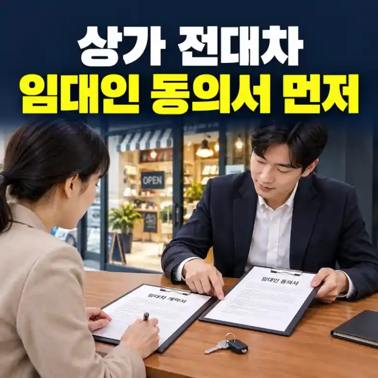 상가 전대차 계약 전 임대인 동의서와 원 임대차계약서를 나란히 놓고 확인하는 임차인과 전차인