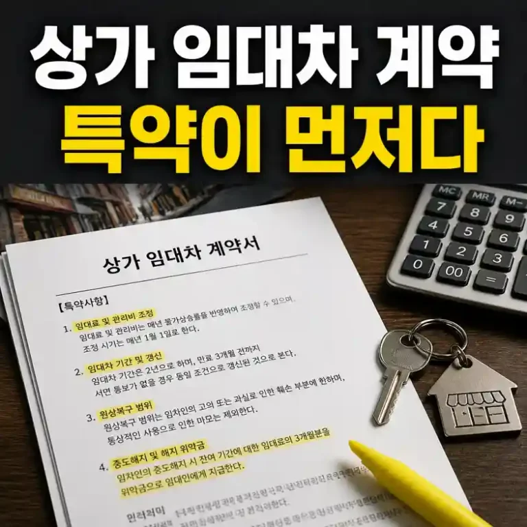 상가 임대차 계약 — 특약이 표시된 임대차계약서와 점포 열쇠, 계산기로 조건을 점검하는 장면