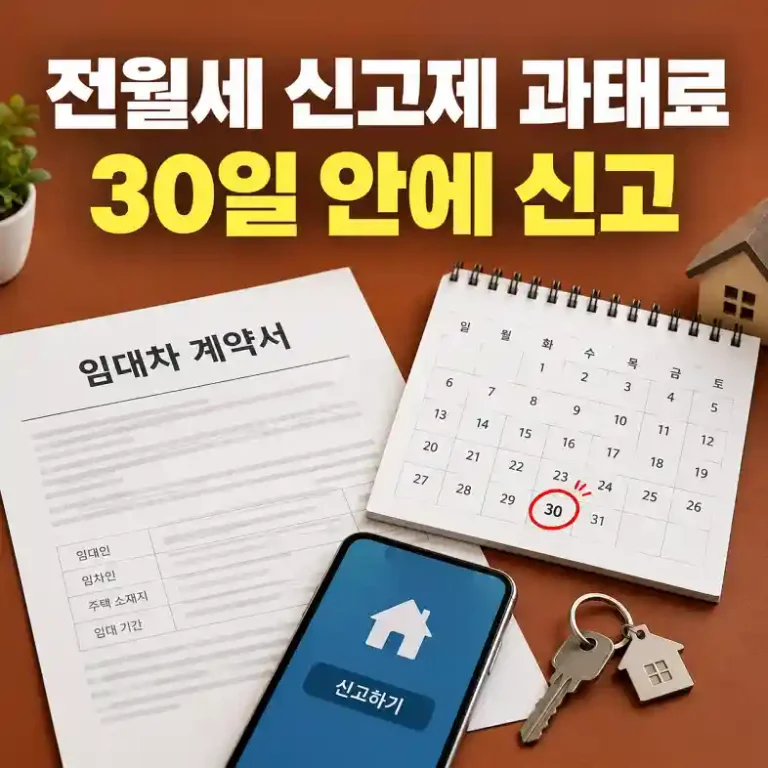 전월세 신고제 과태료를 피하려고 임대차 계약서를 들고 30일 신고 기한을 달력에서 확인하는 임차인